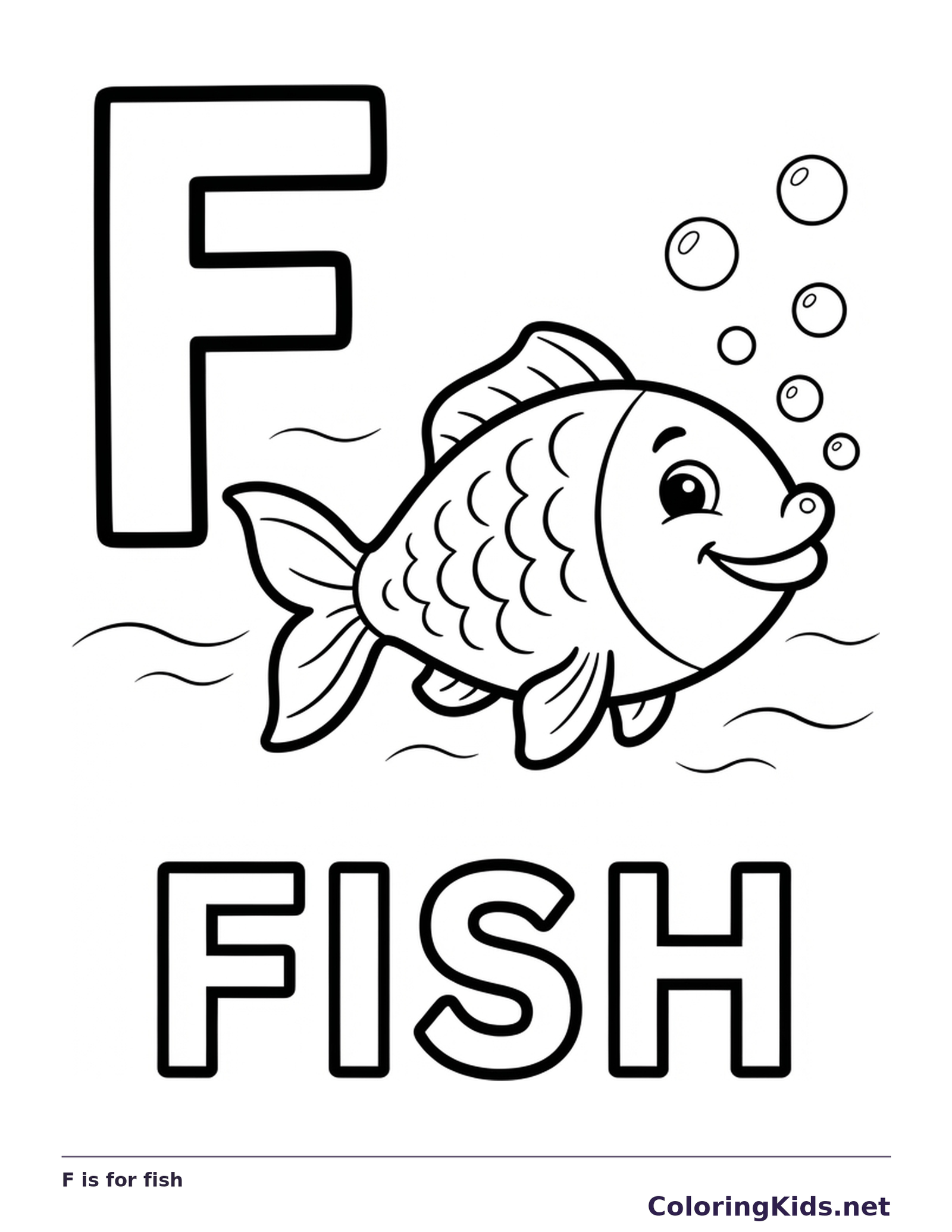 Uppercase F with a swimming fish, bubbles and the word FISH