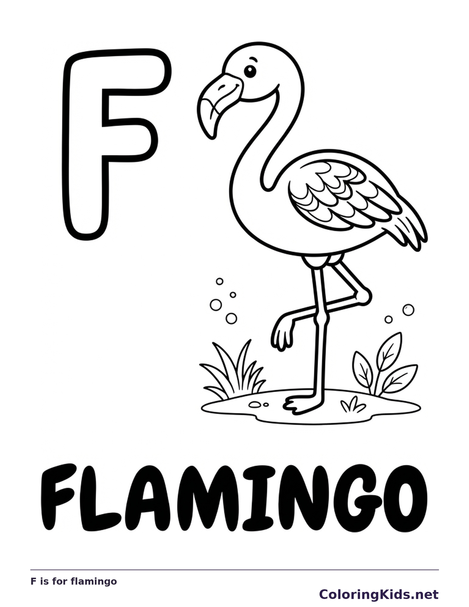 Letter F beside a one-legged flamingo and the word FLAMINGO