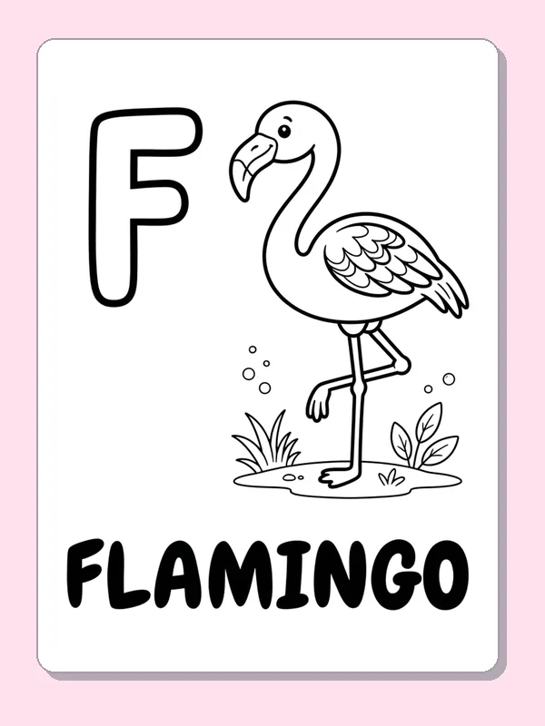 Letter F beside a one-legged flamingo and the word FLAMINGO