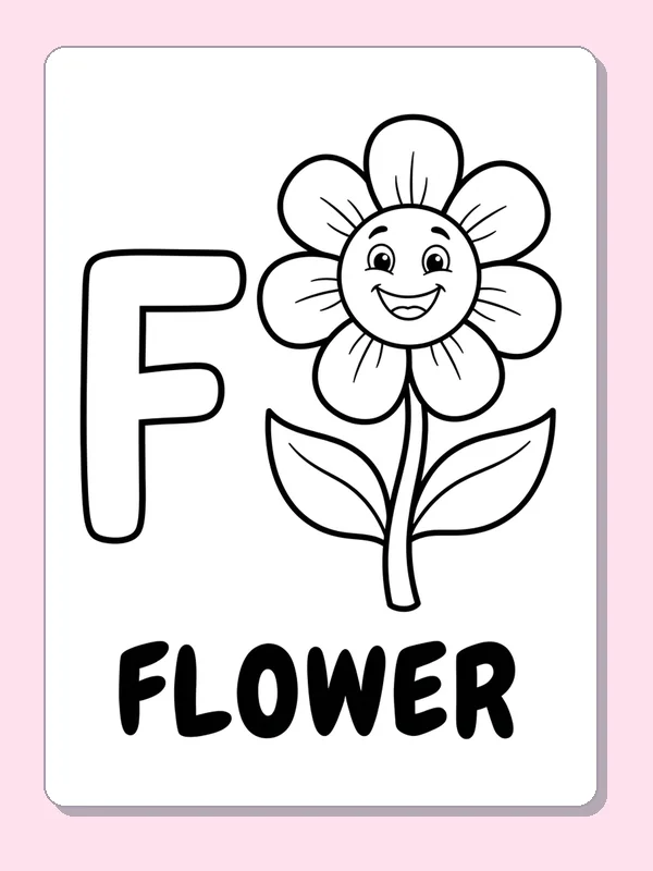 Large F with a smiling flower and printed FLOWER label