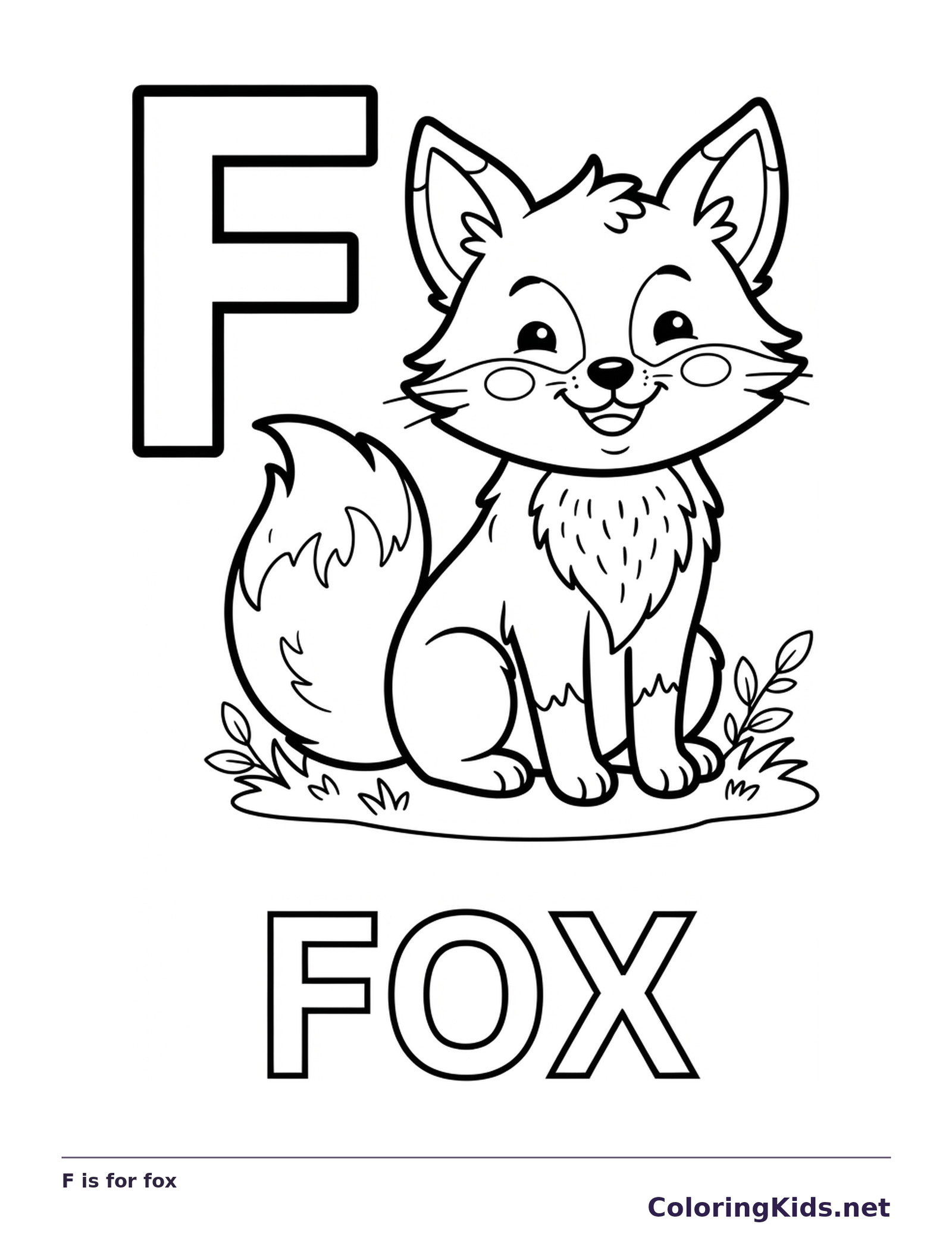 Uppercase F beside a seated fox and the word FOX