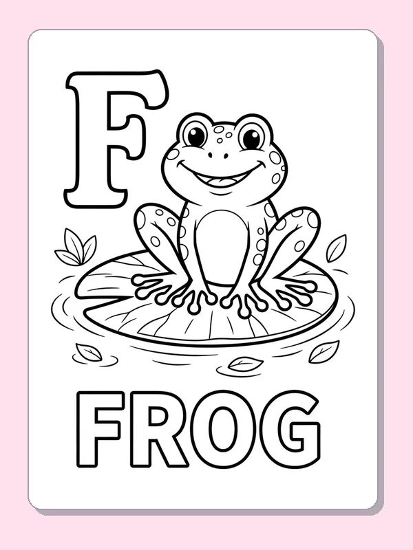 Letter F beside a frog on a lily pad above the word FROG