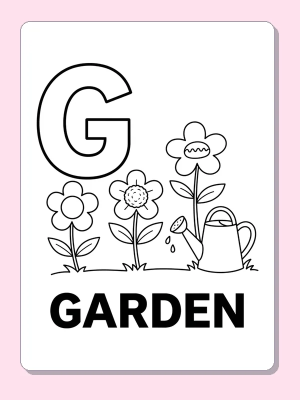 Flowers and a watering can fill a tiny garden beside G, above a solid GARDEN word label