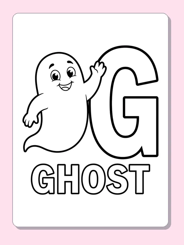 A friendly little ghost waves next to G over outlined GHOST letters, with broad spaces for simple coloring