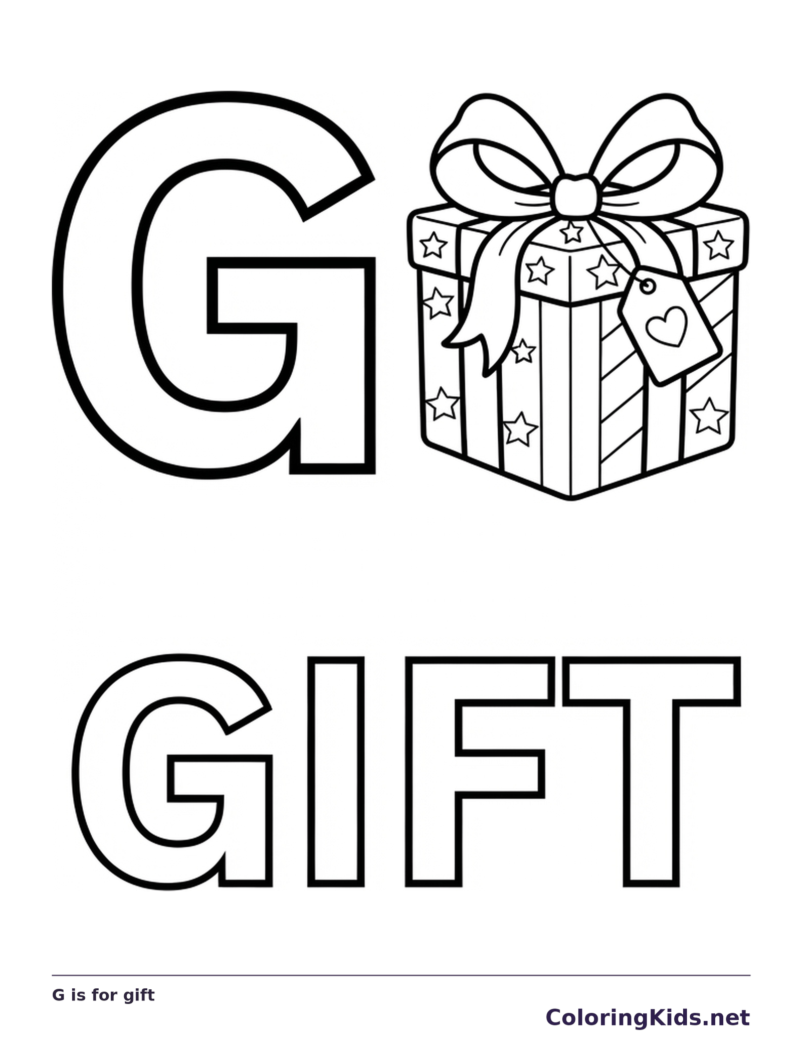 A wrapped present with a large bow sits next to G over outlined GIFT letters and ribbon patterns