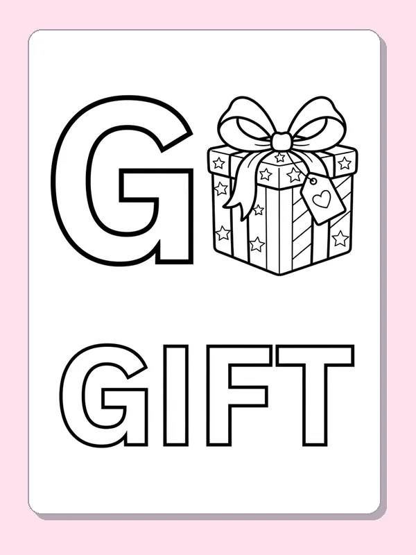 A wrapped present with a large bow sits next to G over outlined GIFT letters and ribbon patterns
