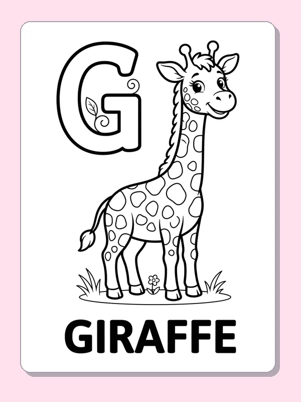 A spotted giraffe stands beside an outlined G, with a long neck and solid GIRAFFE word below