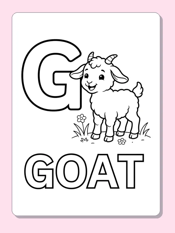 A young goat stands in short grass next to G, with small horns, flowers and outlined GOAT letters