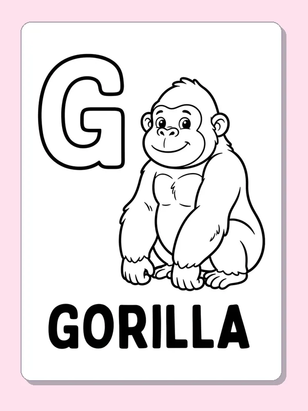 A smiling seated gorilla rests beside G over a solid GORILLA label, with large arms and face to color
