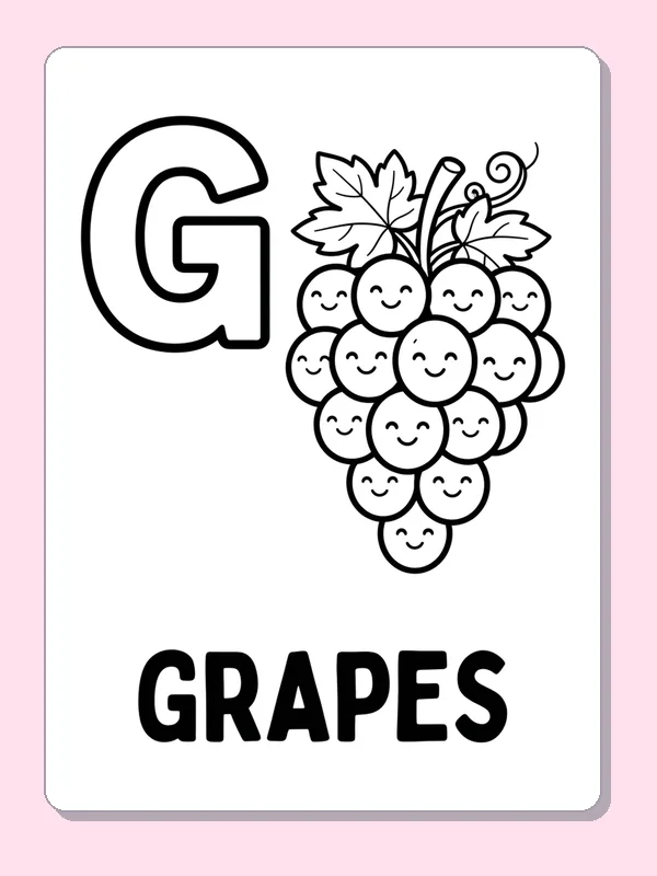 A smiling bunch of grapes hangs beneath leaves beside G, with many small circles and a solid GRAPES label