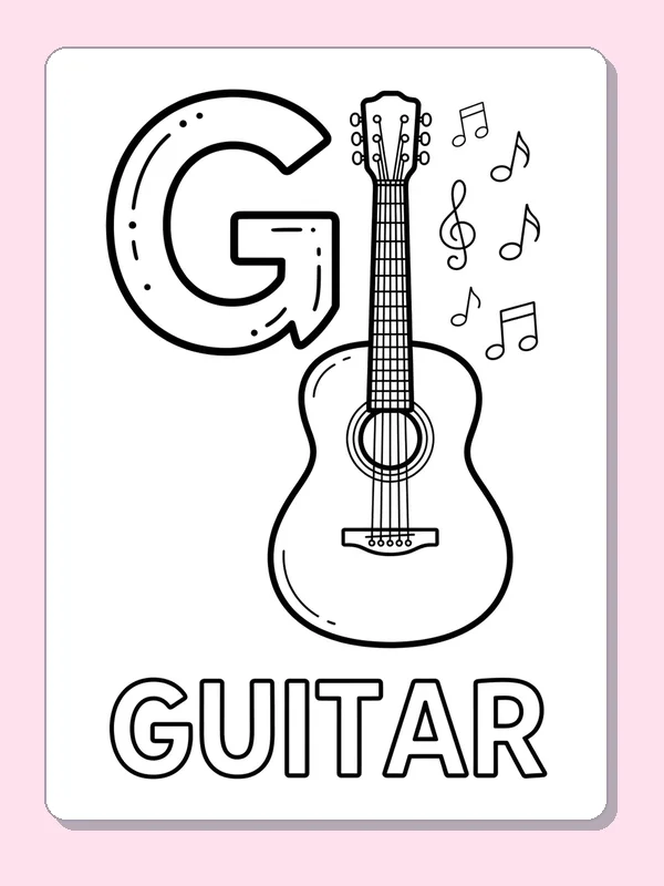 An acoustic guitar and floating music notes sit beside G above outlined GUITAR letters that children can color