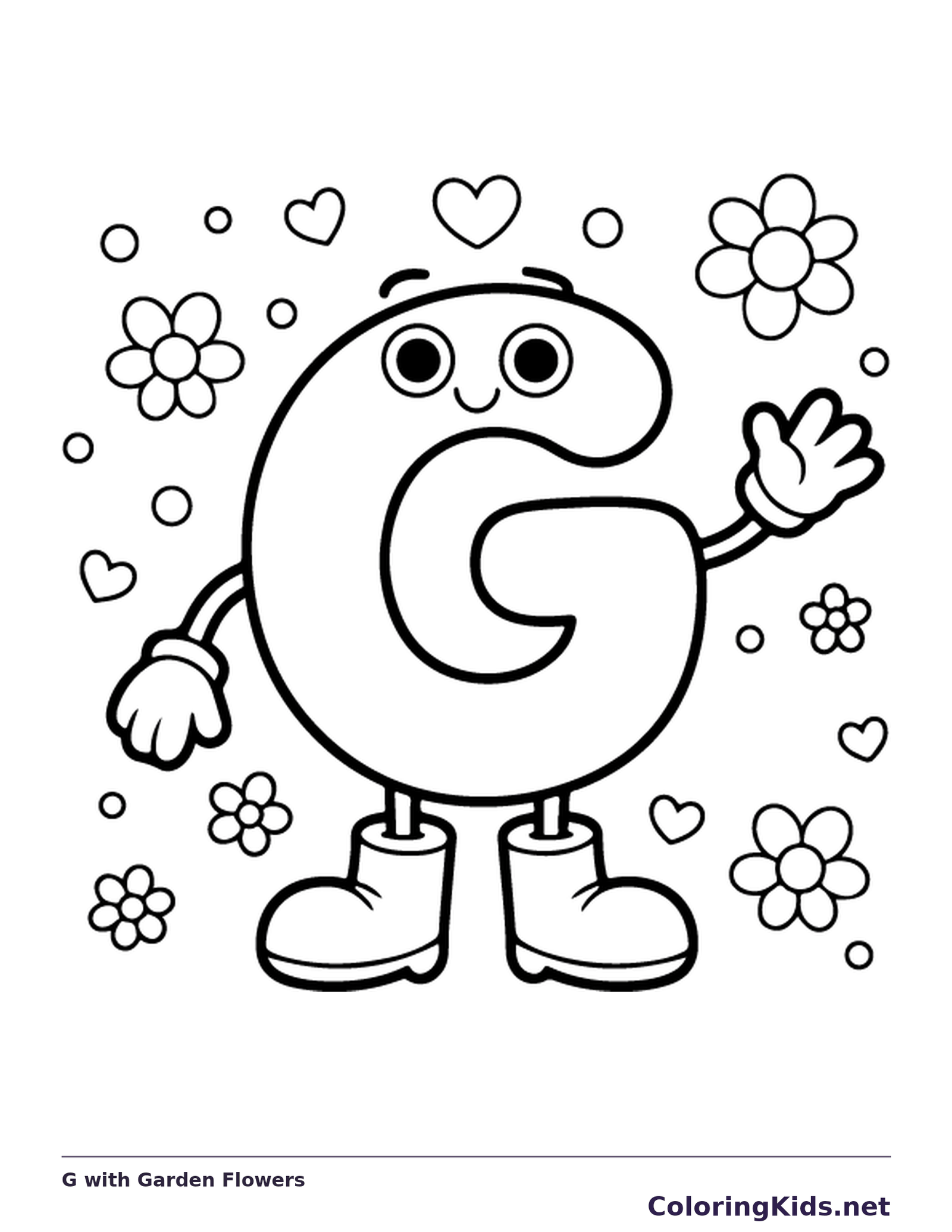 Smiling letter G waving beside flowers and hearts
