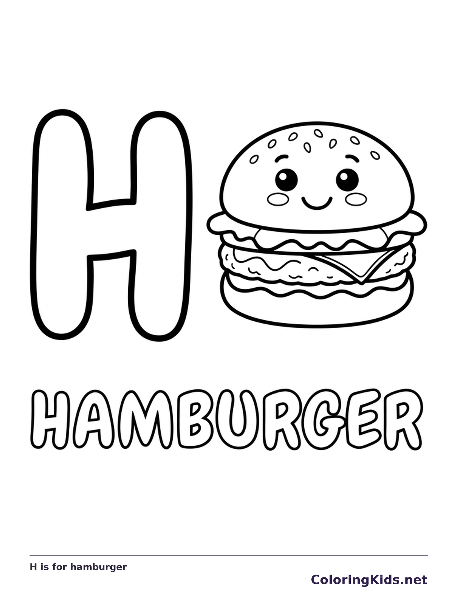 A smiling burger with bun, lettuce and filling sits beside H above outlined HAMBURGER letters