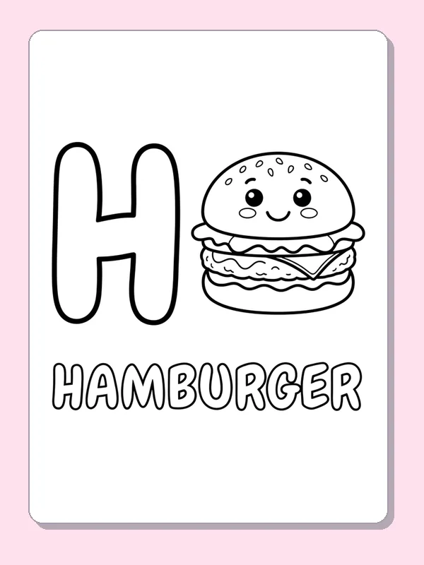 A smiling burger with bun, lettuce and filling sits beside H above outlined HAMBURGER letters