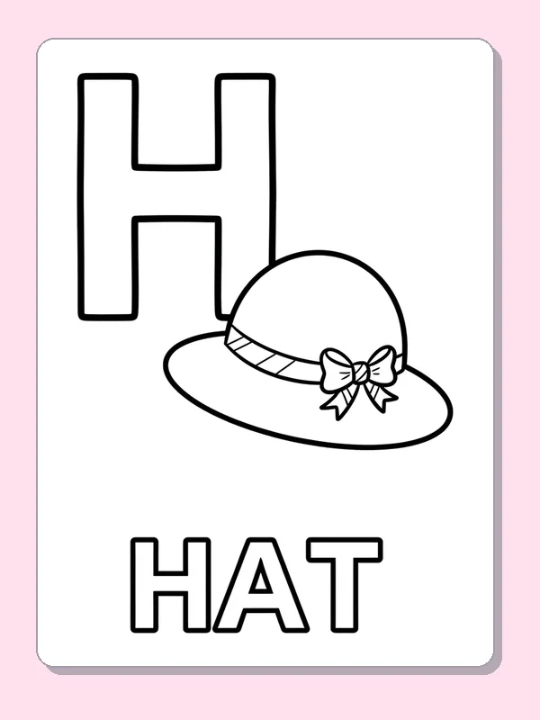 A wide-brimmed hat with a ribbon bow sits beside H above large outlined HAT letters