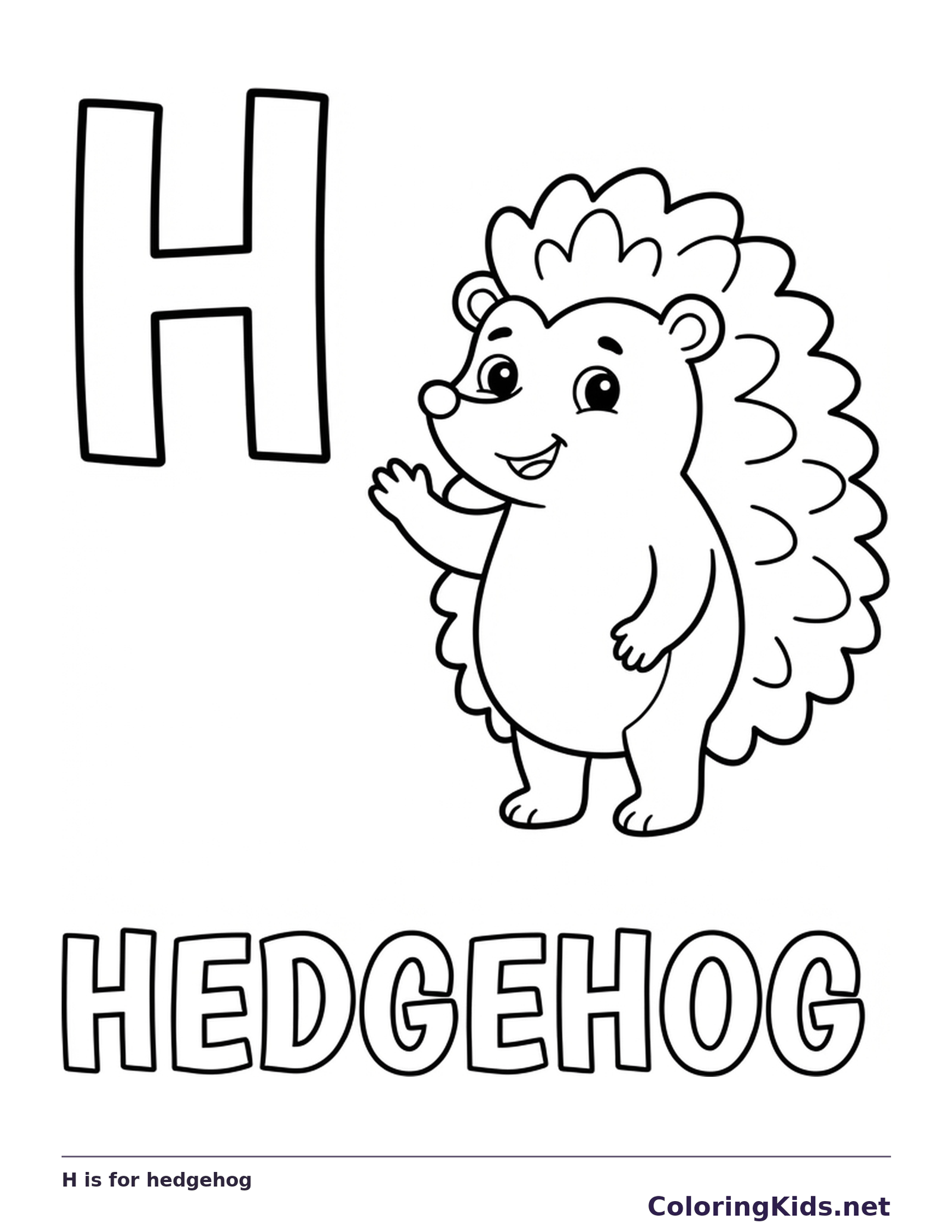A friendly hedgehog with a wide spiny back sits beside H above outlined HEDGEHOG letters