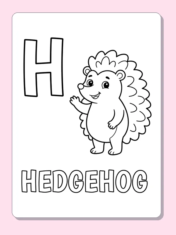 A friendly hedgehog with a wide spiny back sits beside H above outlined HEDGEHOG letters