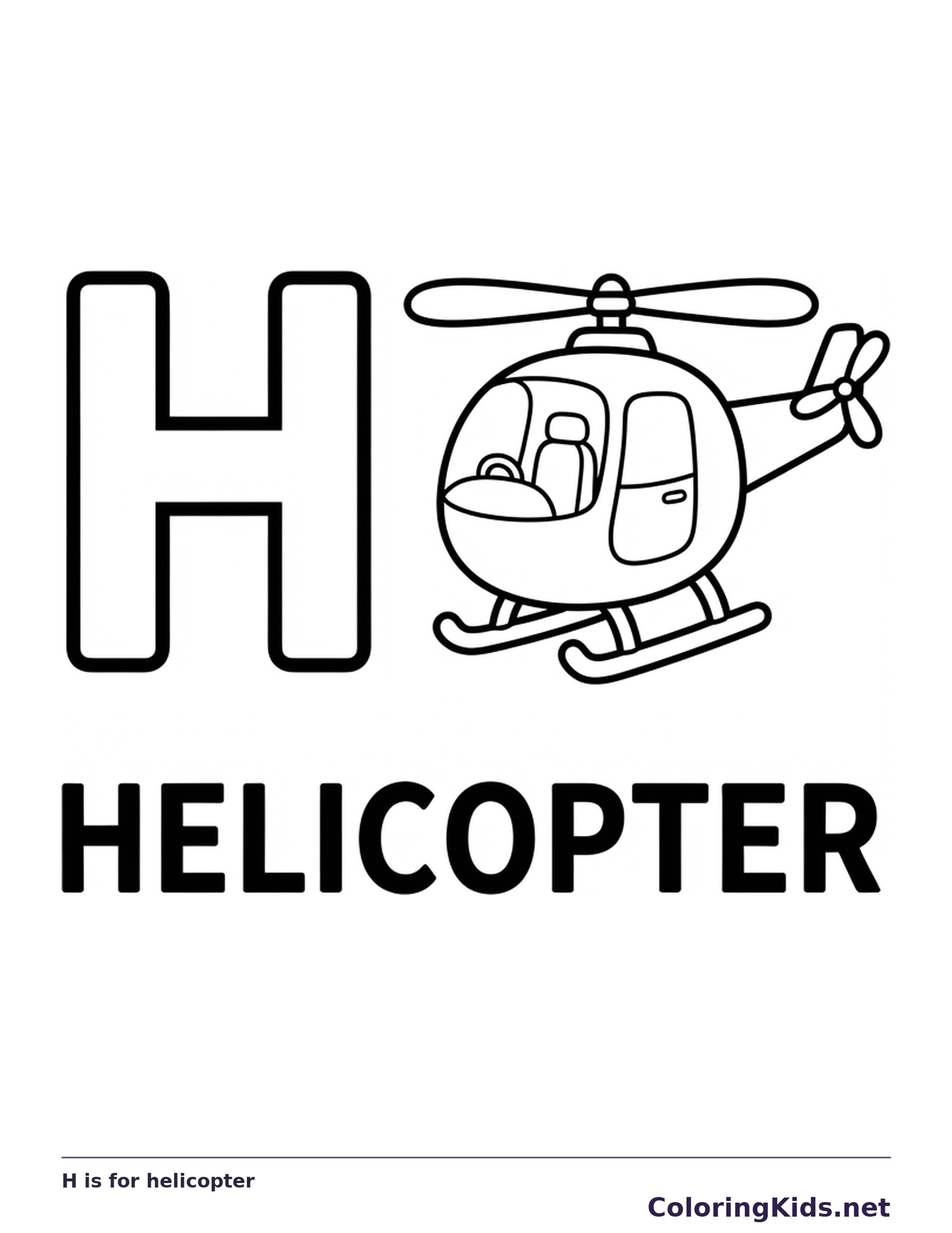 A compact helicopter with large rotor blades sits next to H above a solid HELICOPTER word label