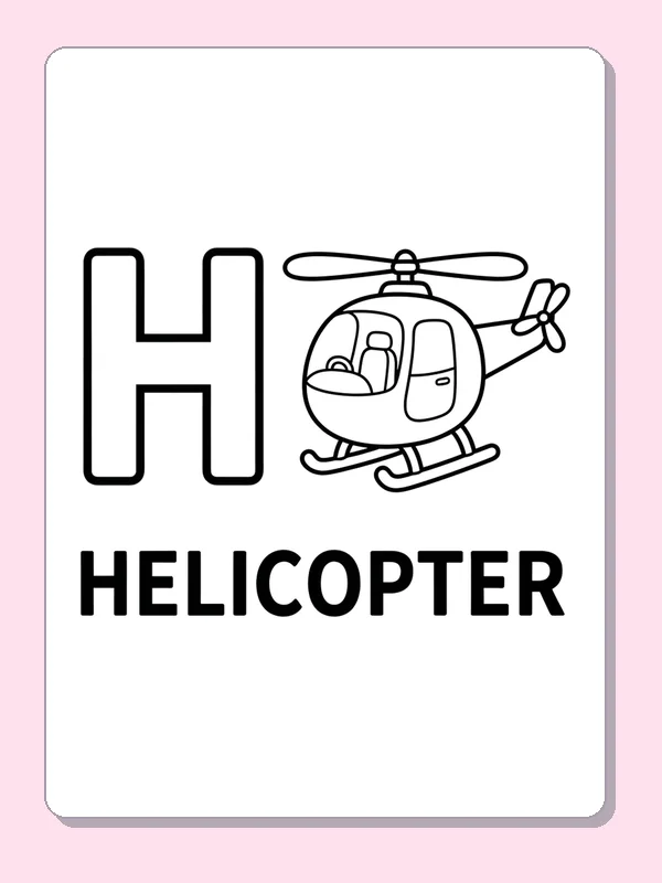 A compact helicopter with large rotor blades sits next to H above a solid HELICOPTER word label