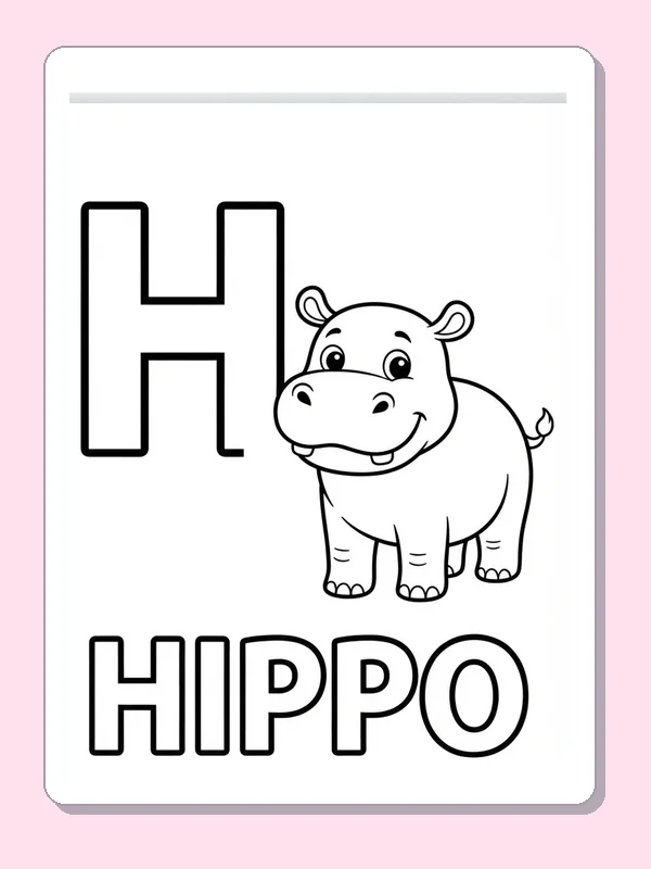 A smiling young hippo stands next to H above outlined HIPPO letters, with broad body shapes for easy coloring