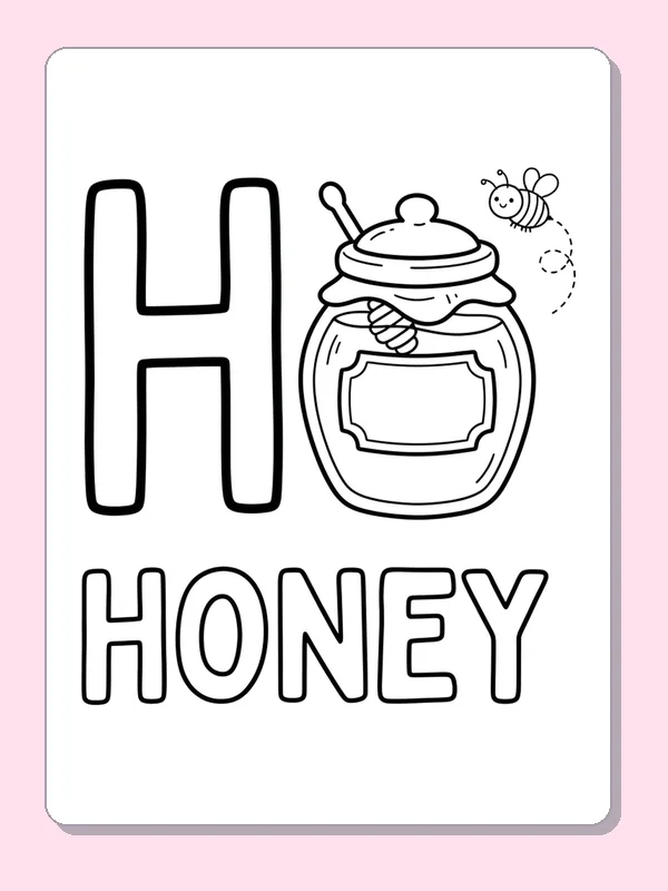 A honey jar and hovering bee sit beside H above outlined HONEY letters, with a blank jar label to decorate