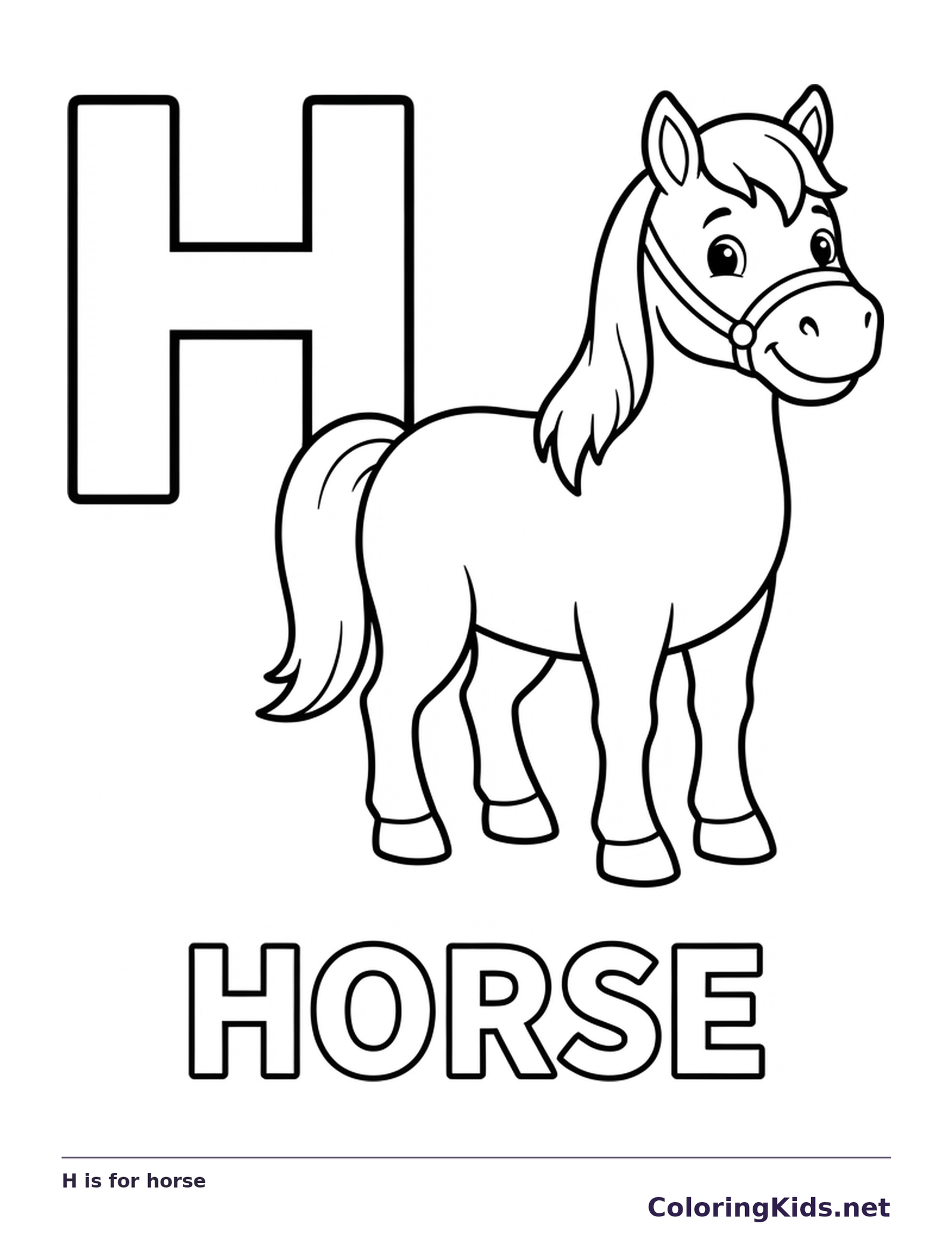 A small horse stands beside H, with mane, tail and outlined HORSE letters across the bottom