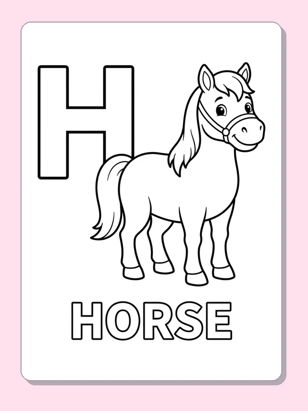 A small horse stands beside H, with mane, tail and outlined HORSE letters across the bottom