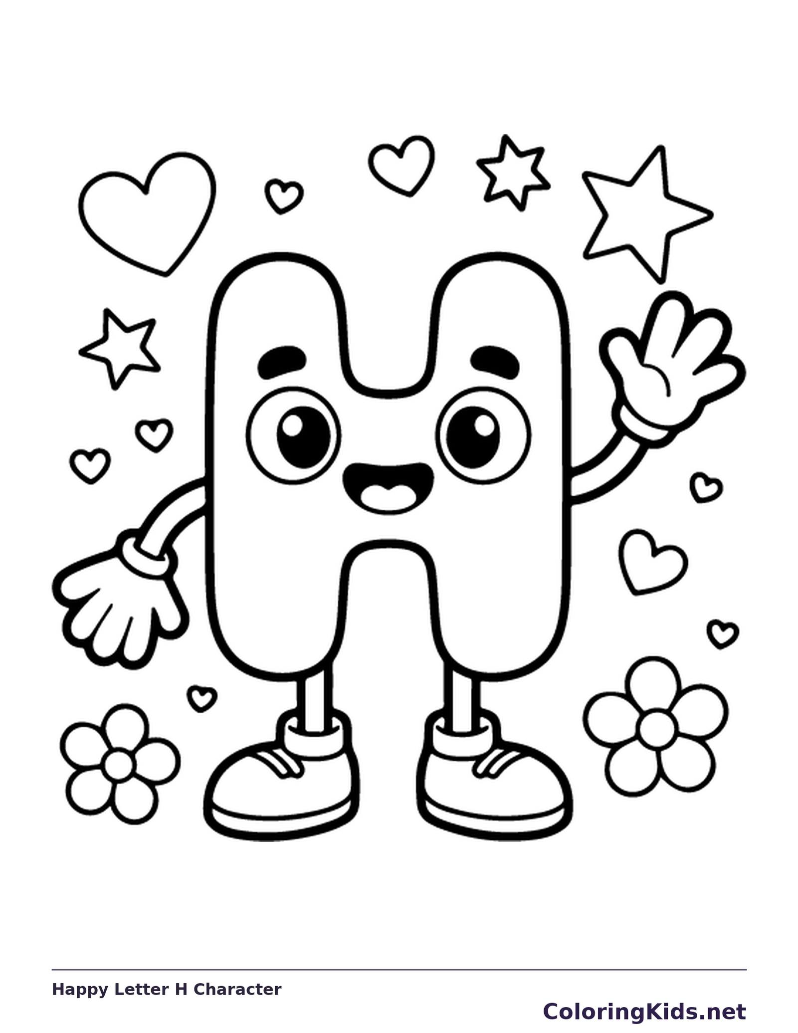 Smiling letter H with raised hands, hearts and stars