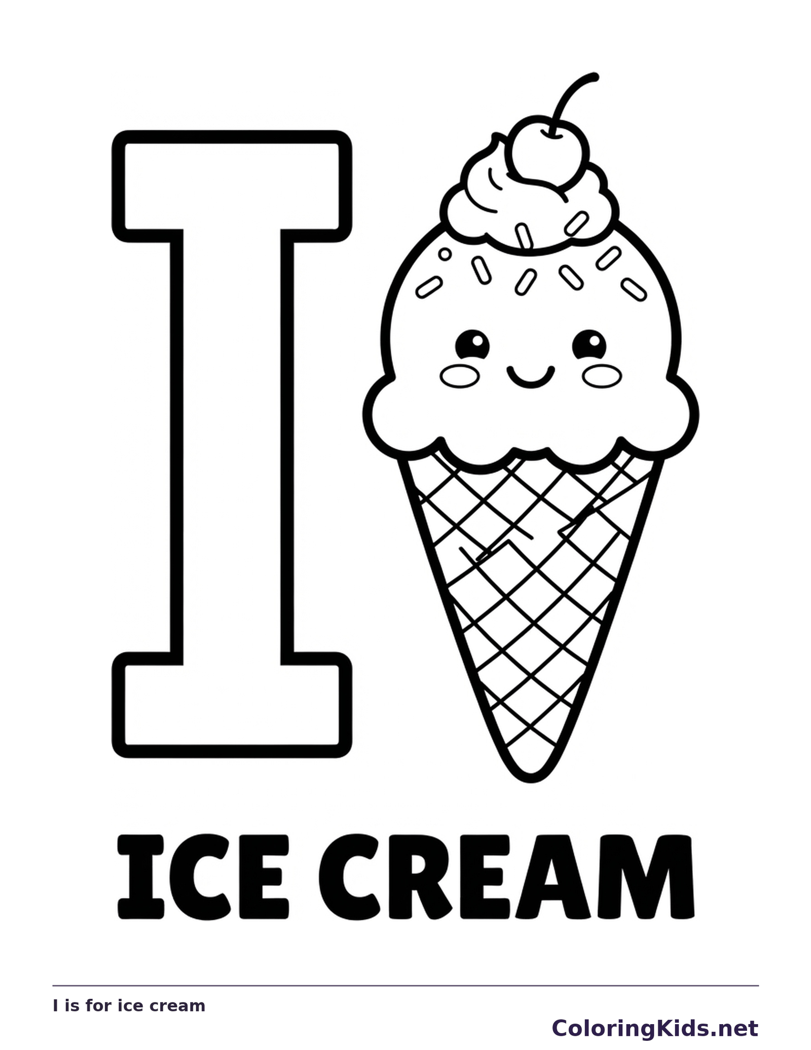 A smiling ice cream cone with scoop, topping and waffle pattern sits beside I above solid ICE CREAM lettering