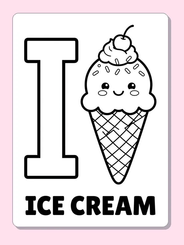 A smiling ice cream cone with scoop, topping and waffle pattern sits beside I above solid ICE CREAM lettering
