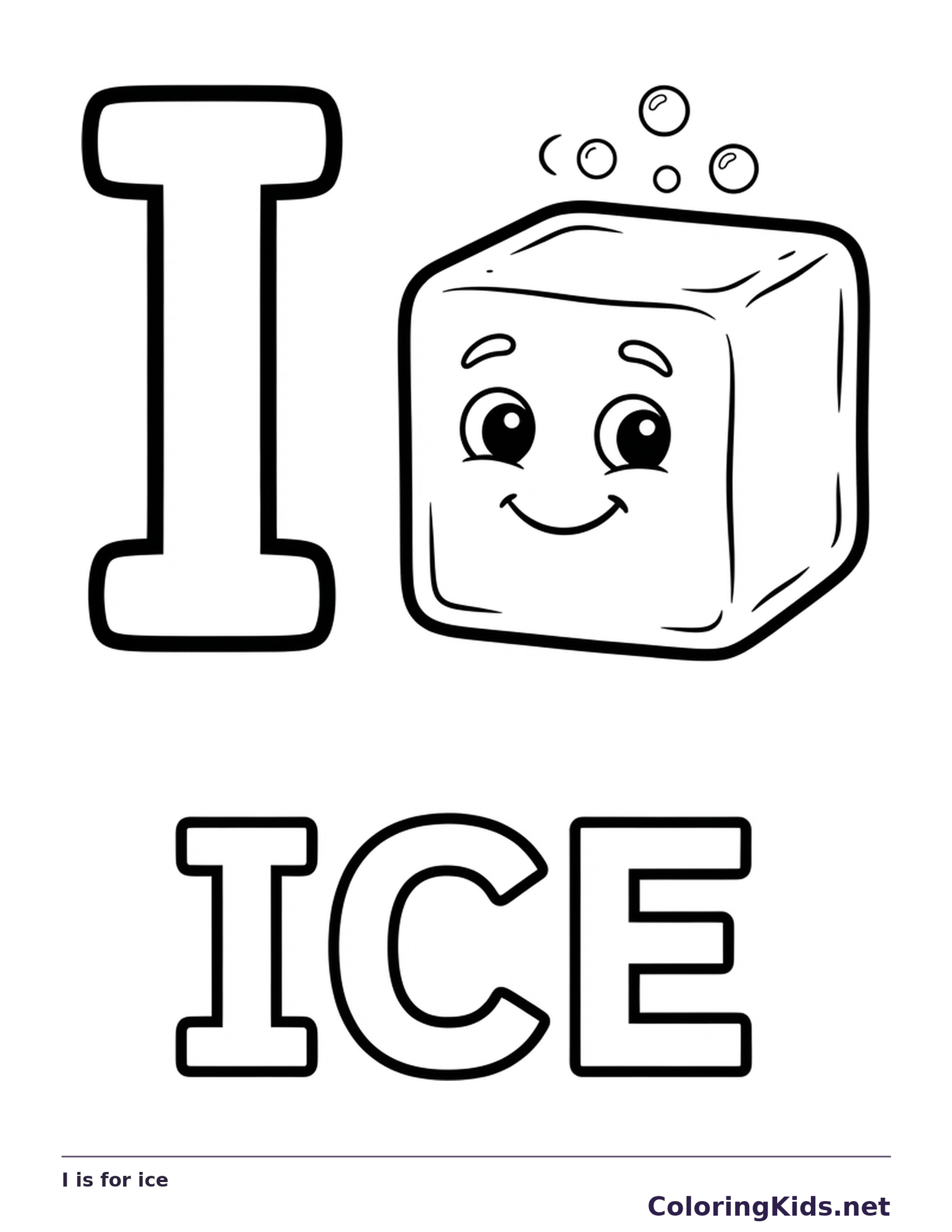 A smiling ice cube with bubbles sits beside I above wide outlined ICE letters ready for easy coloring