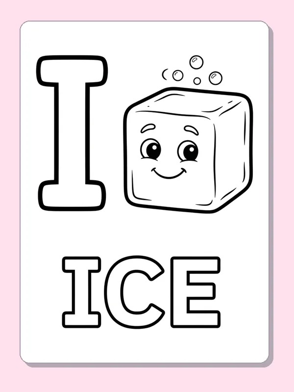 A smiling ice cube with bubbles sits beside I above wide outlined ICE letters ready for easy coloring