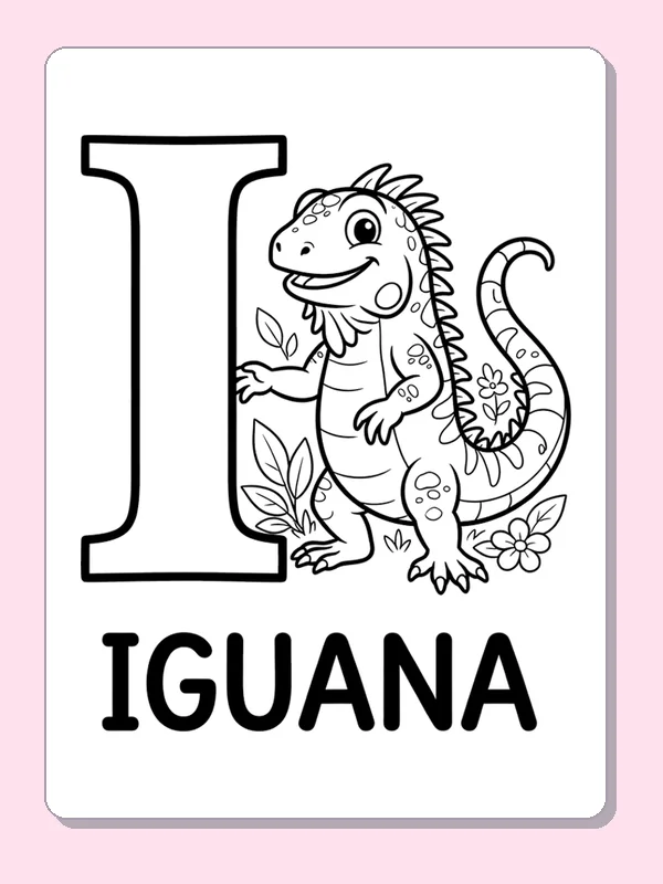 An iguana with textured back and curled tail rests by I among leaves, above a bold IGUANA label