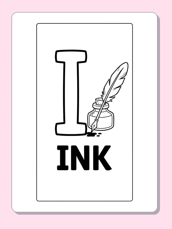 A feather quill stands in an ink bottle beside I above a bold INK label and within a slim page border