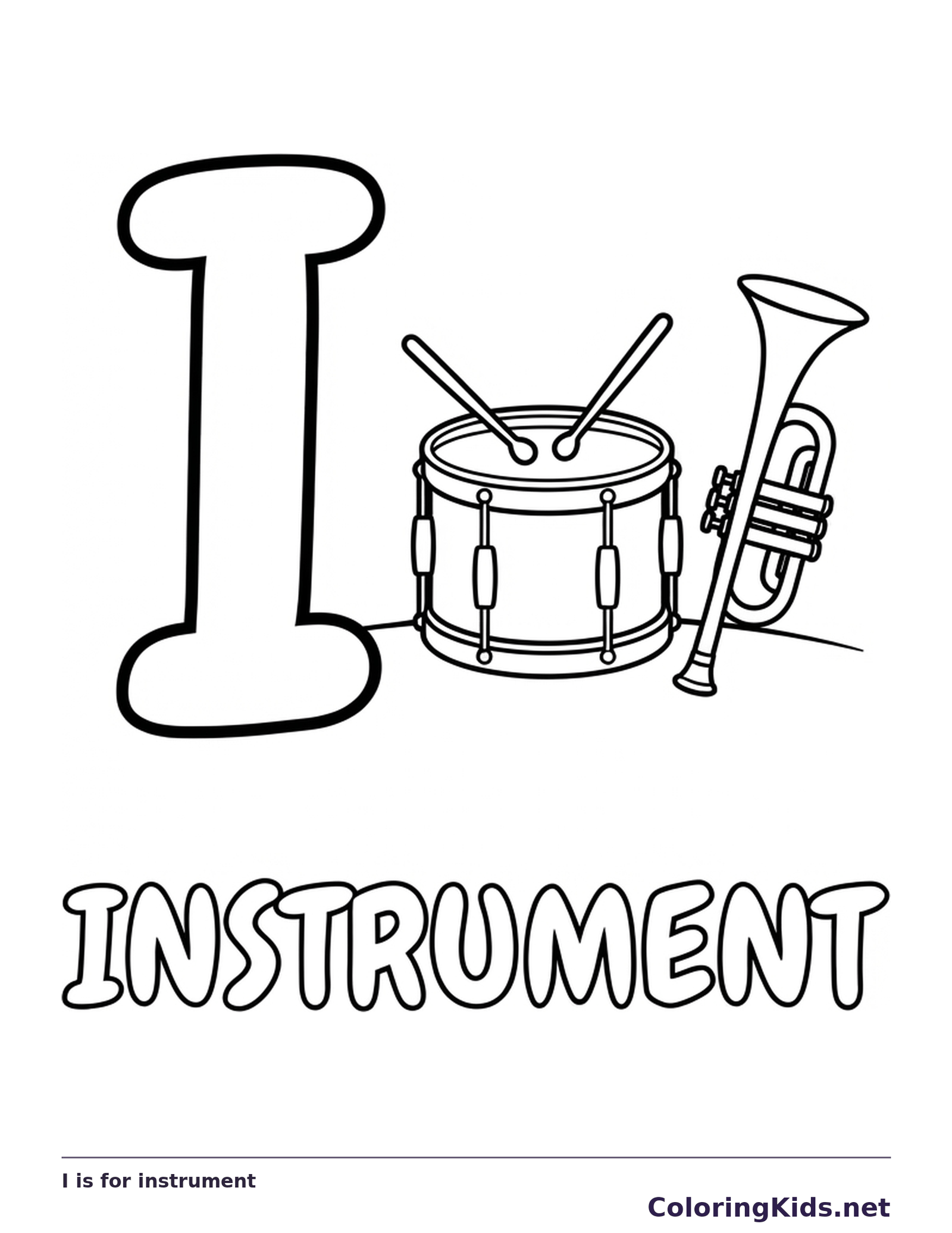 A drum and trumpet sit beside I, above outlined INSTRUMENT letters; the picture shows two different instruments