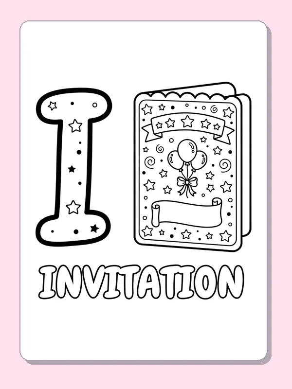 A decorated invitation card with balloons and a blank address panel sits beside a starred I above outlined INVITATION letters
