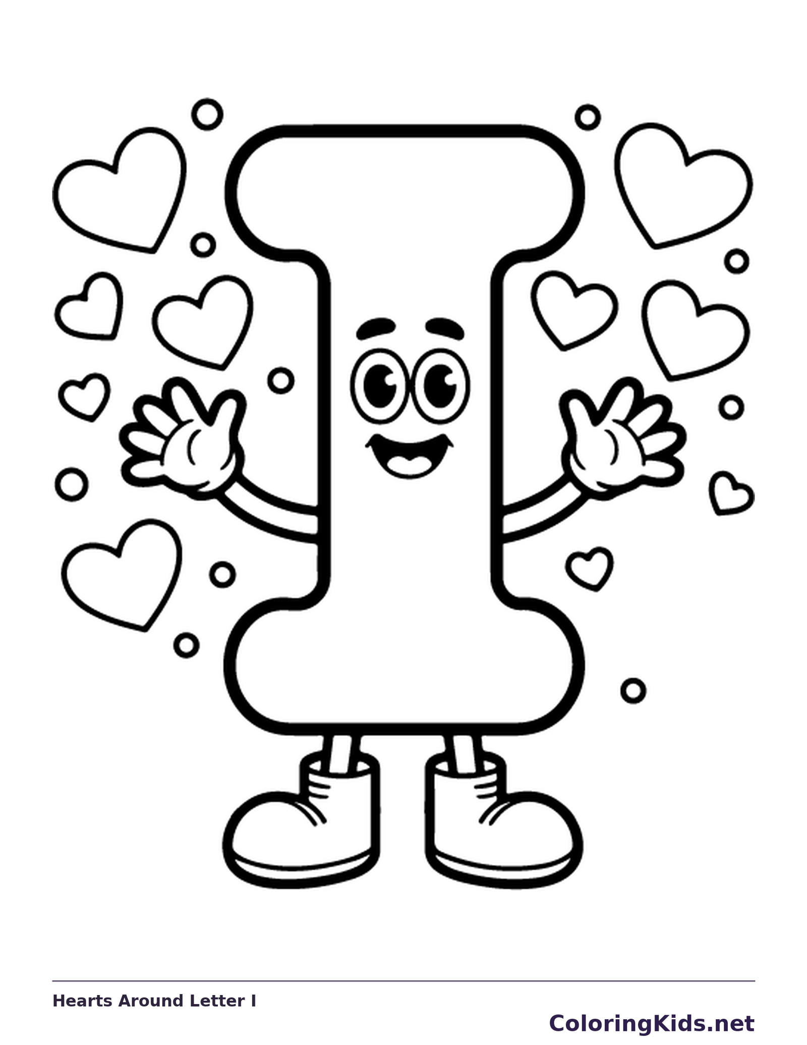Waving uppercase letter I surrounded by hearts