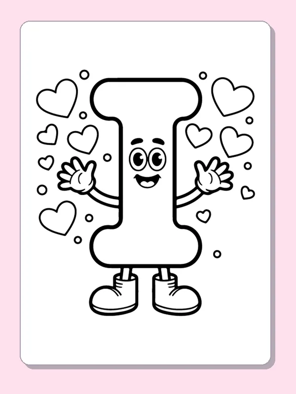Waving uppercase letter I surrounded by hearts