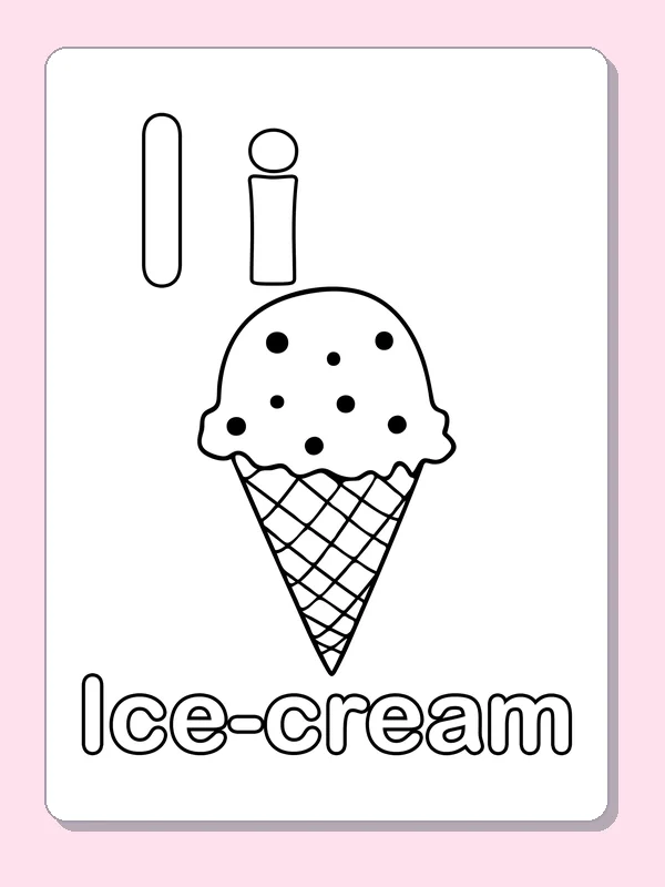 Uppercase and lowercase I with ice cream illustration and outlined word
