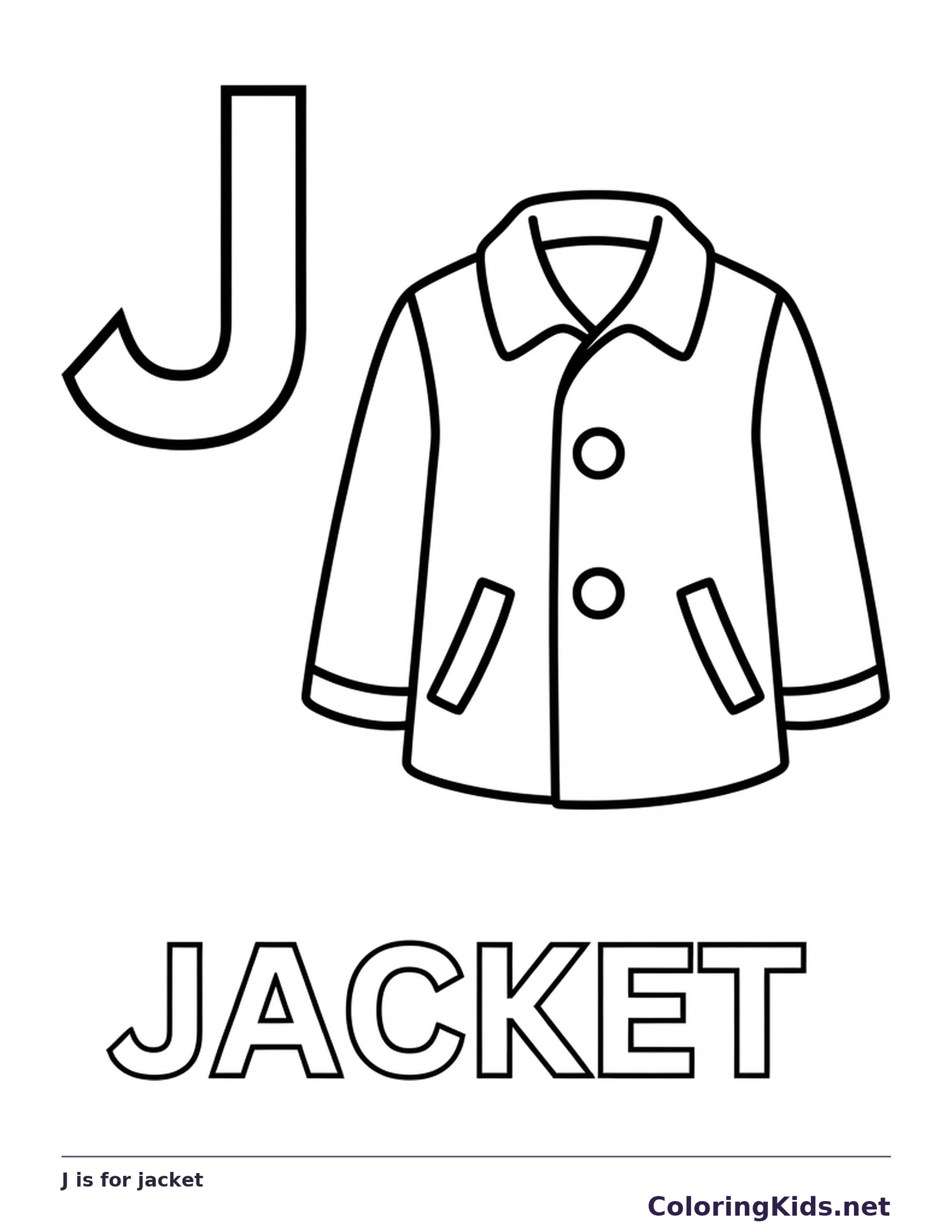 A buttoned jacket with collar and pockets sits beside a large J; the sleeves and panels offer broad coloring spaces