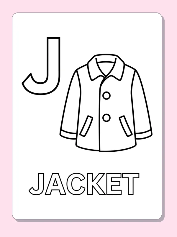 A buttoned jacket with collar and pockets sits beside a large J; the sleeves and panels offer broad coloring spaces