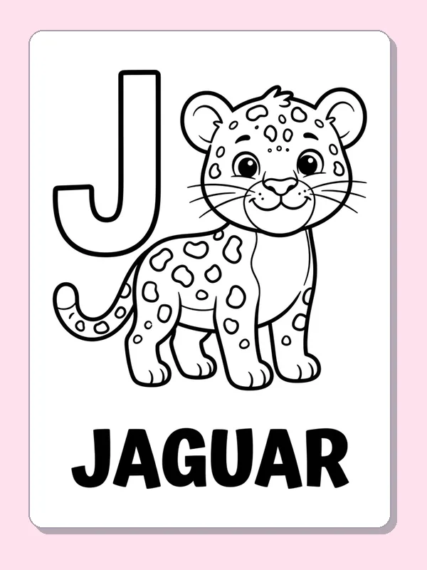 A round-eyed jaguar cub with many open spots sits beside a large J, inviting a simple spotted pattern in two colors