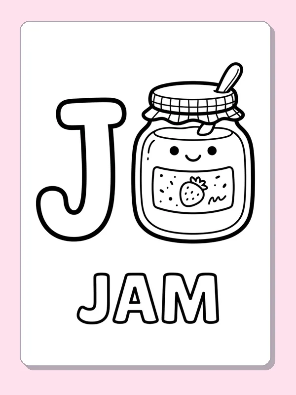 A smiling jar of strawberry jam stands next to J; its berry label, lid and spoon offer small details to color