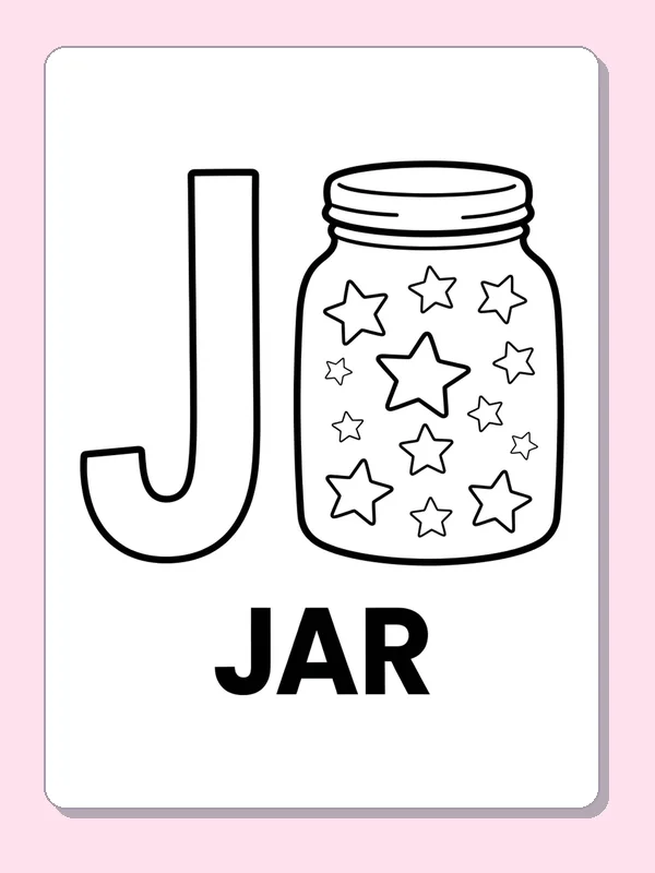 A plain lidded jar filled with star outlines sits beside J, ready for a different color in each star