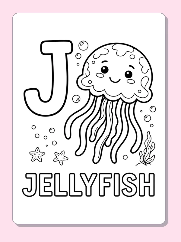 A smiling jellyfish floats beside a large outlined J, with bubbles, starfish and sea plants around its long curling tentacles