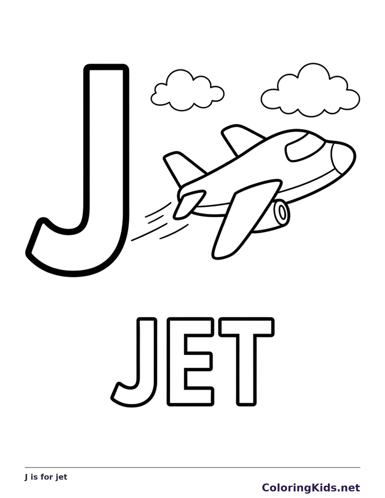 A small jet flies between two clouds next to a bold outlined J, leaving broad wing and body spaces for color