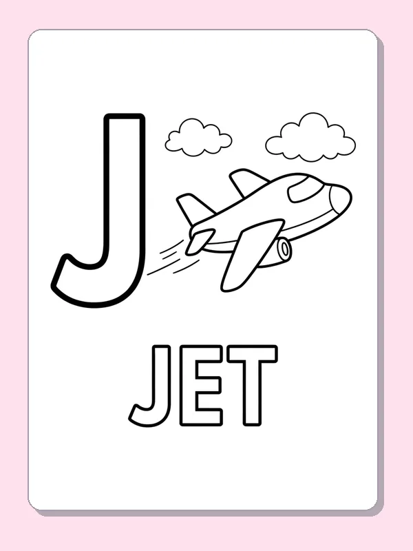 A small jet flies between two clouds next to a bold outlined J, leaving broad wing and body spaces for color