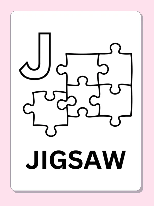 Four loose puzzle pieces sit beside a large J, giving children shapes to match and a word to say aloud