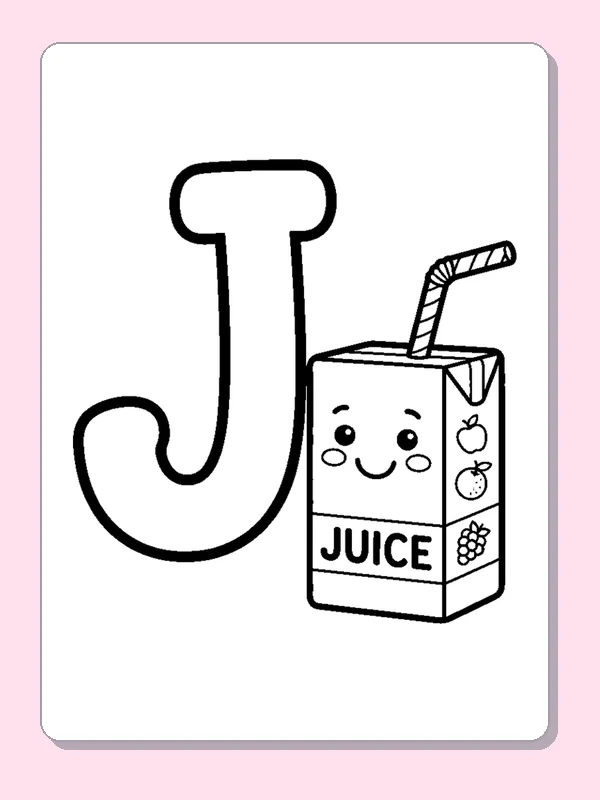 A smiling carton of juice with a striped straw stands beside a broad J; tiny fruit icons decorate the sides