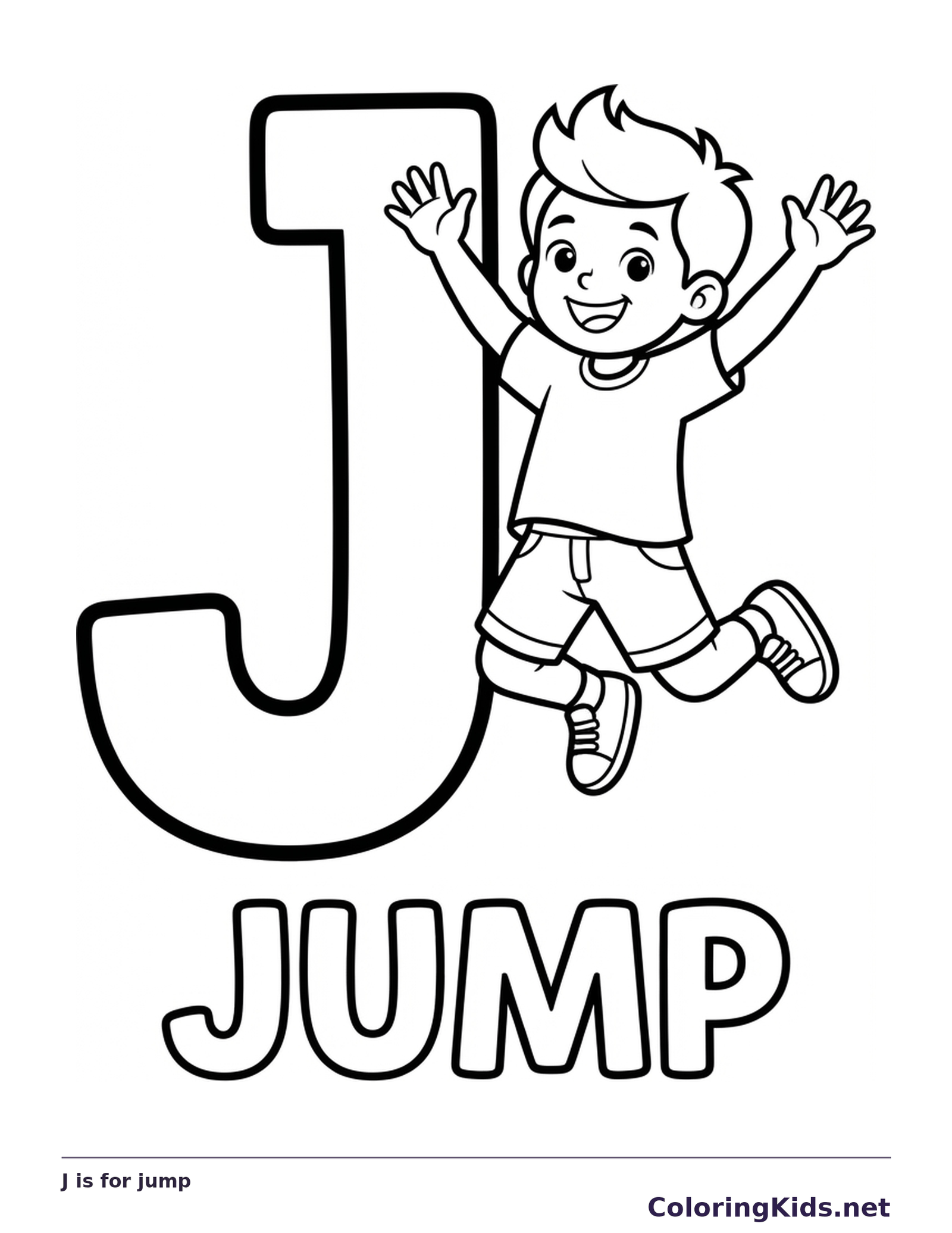 A smiling child jumps with arms raised beside a large J, connecting the printed action word to a body movement